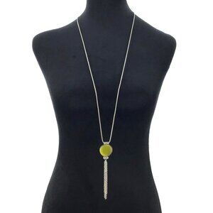 Long Necklace Green Pendant Silver Tone Tassel Crystal Accent Adjustable Length